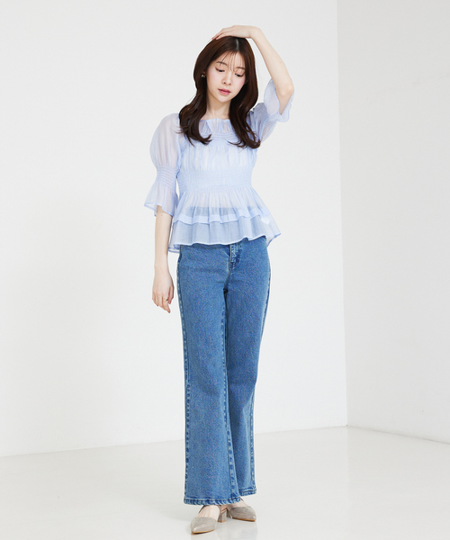 ブラウス シャツ 2WAYシャーリングシアーペプラムブラウス　オフショル/スクエアネック レディース SELFIST ブラウス シャツ 2WAYシャーリングシアーペプラム