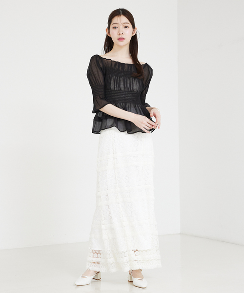 ブラウス シャツ 2WAYシャーリングシアーペプラムブラウス　オフショル/スクエアネック レディース SELFIST ブラウス シャツ 2WAYシャーリングシアーペプラム