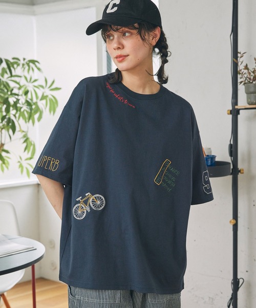 半袖Tシャツ メンズ ロゴ刺繍 ライン オーバーサイズ 3色 ワンフォークロージング 1111clothing ◇フラワー サガラ刺繍 T