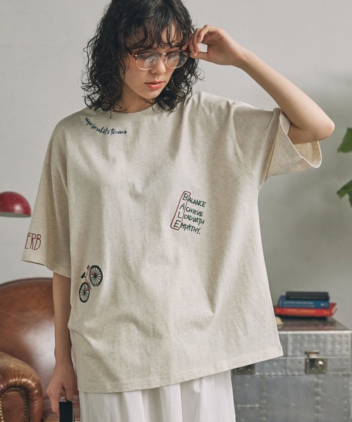 tシャツ 配色 落書き刺繍 オーバーサイズ 半袖Tシャツ