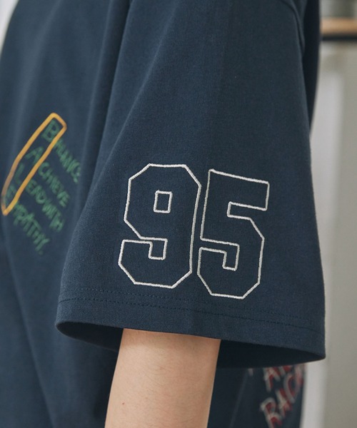 半袖Tシャツ メンズ ロゴ刺繍 ライン オーバーサイズ 3色 配色 落書き刺繍 オーバーサイズ 半袖Tシャツ MONO-MART LADY'S