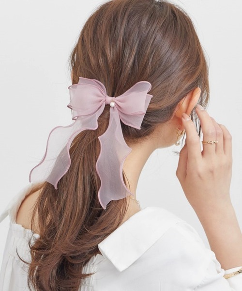 パールつきオーガンジー重ねリボン ベビーヘアクリップ ヘアピン ヘアゴム 髪飾り Heartdance（ハートダンス） ヘアクリップ パール付オーガンジーフック
