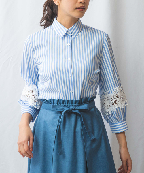ブラウス シャツ 「NARACAMICIE」ストレッチストライプ七分袖レースシャツ レディース NARACAMICIE ブラウス シャツ 「NARACAMICIE」ストレッチ