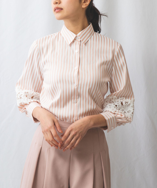 ブラウス シャツ 「NARACAMICIE」ストレッチストライプ七分袖レースシャツ レディース NARACAMICIE ブラウス シャツ 「NARACAMICIE」ストレッチ