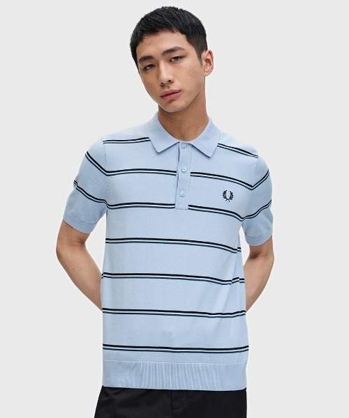 FRED PERRY ストライプ ニットポロシャツ L FRED PERRY ポロシャツ Striped Knitted Polo Shirt／ストライプ