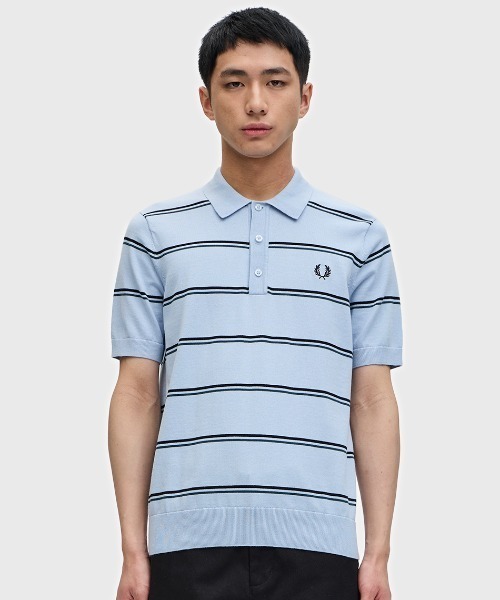 FRED PERRY ストライプ ニットポロシャツ L FRED PERRY ポロシャツ Striped Knitted Polo Shirt／ストライプ