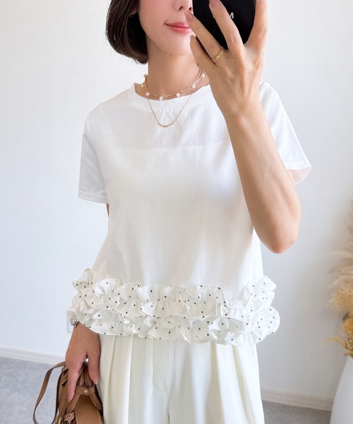 ホワイト フリル袖 Tシャツ セットアップ &. NOSTALGIA（ノスタルジア） tシャツ 「ZOZO限定」裾フリルTシャツ