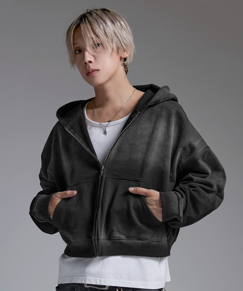 ピ*ス様 サンフェード ボロ フルジップパーカー パーカー ヘビーウエイトサンフェードショート丈ZIPパーカー「UNISEX