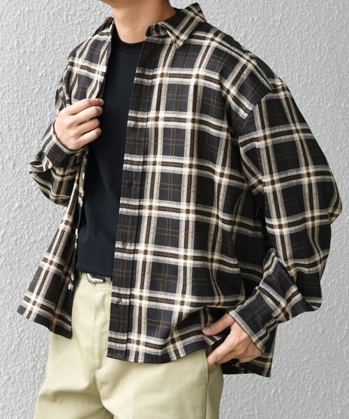 美品 シップス コットンネルシャツ 長袖 S グレーチェック SHIPS シップス Made in Japan 綿100% ネル グレー系チェック