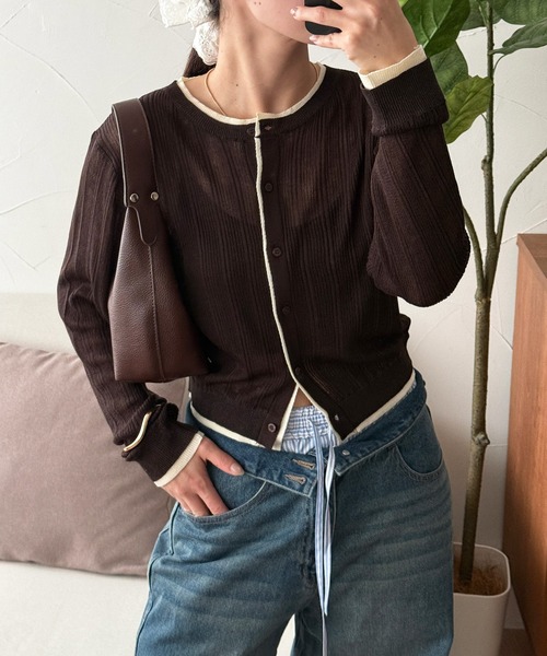 カーディガン layered-look crew neck sheer knit cardigan / レイヤード風シアーニットカーディガン レディー | MUHET | 02