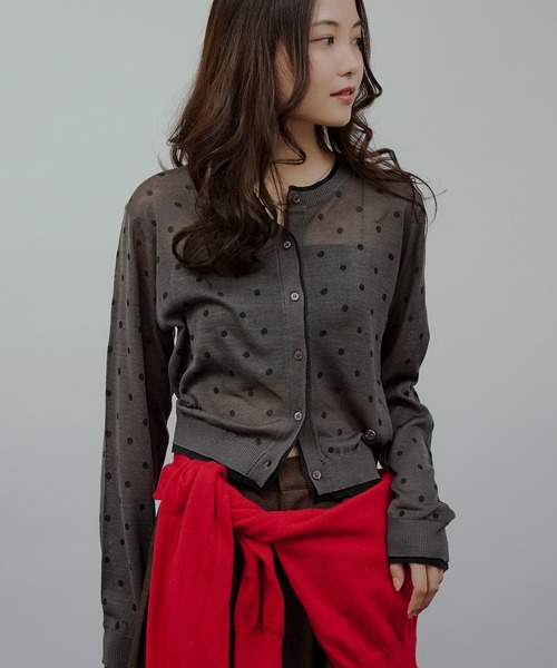 カーディガン layered-look crew neck sheer knit cardigan / レイヤード風シアーニットカーディガン レディー | MUHET | 22