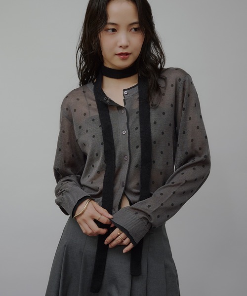 カーディガン layered-look crew neck sheer knit cardigan / レイヤード風シアーニットカーディガン レディー | MUHET | 11