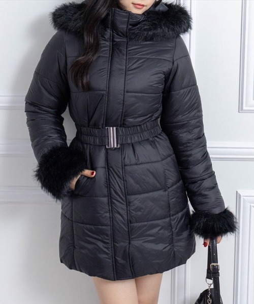 clear ダウンコート ダウンジャケット ベルト付きミドル丈中綿ダウン