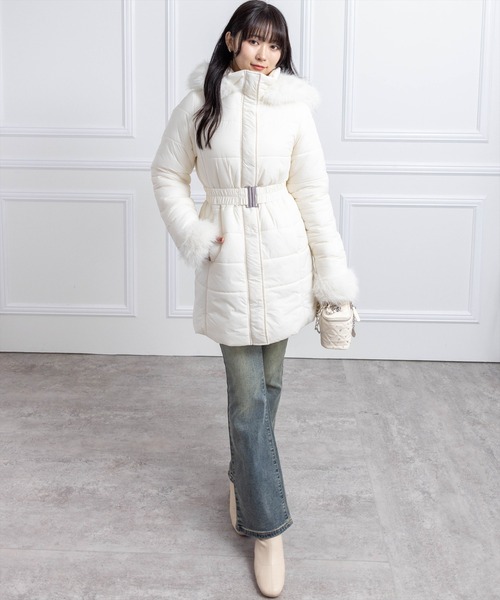 clear ダウンコート ダウンジャケット ベルト付きミドル丈中綿ダウン