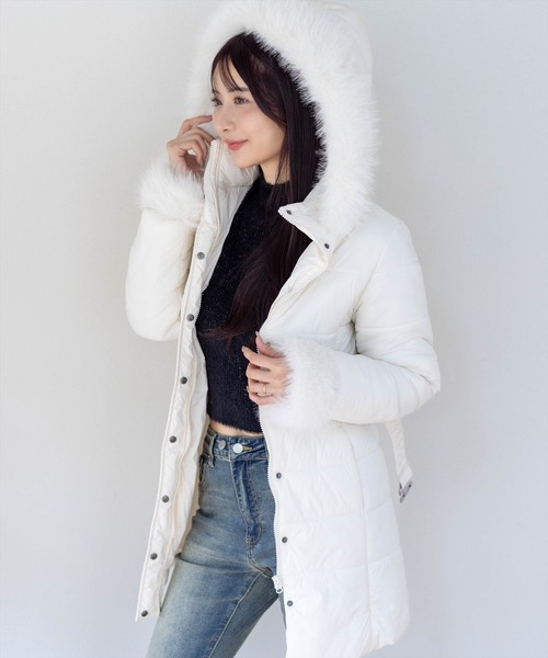 clear ダウンコート ダウンジャケット ベルト付きミドル丈中綿ダウン