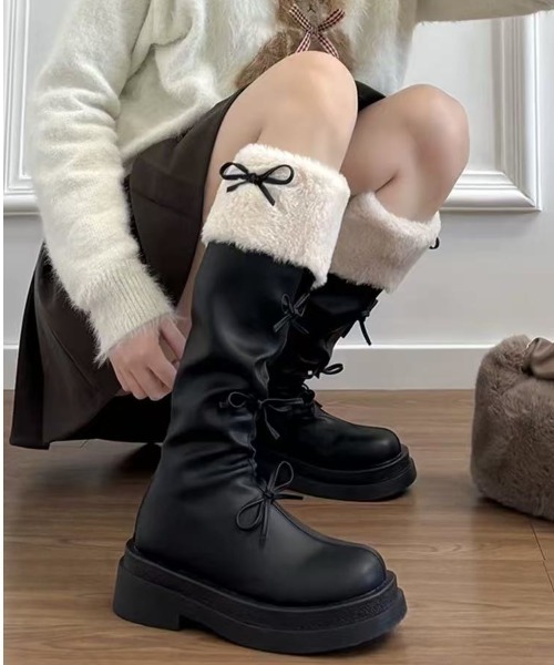 ViViDAY ブーツ 「裏起毛」リボン付きもこもこブーツ レディース