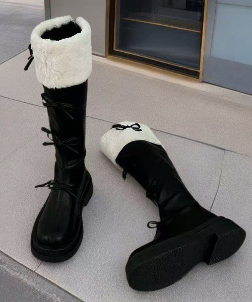 ViViDAY ブーツ 「裏起毛」リボン付きもこもこブーツ レディース