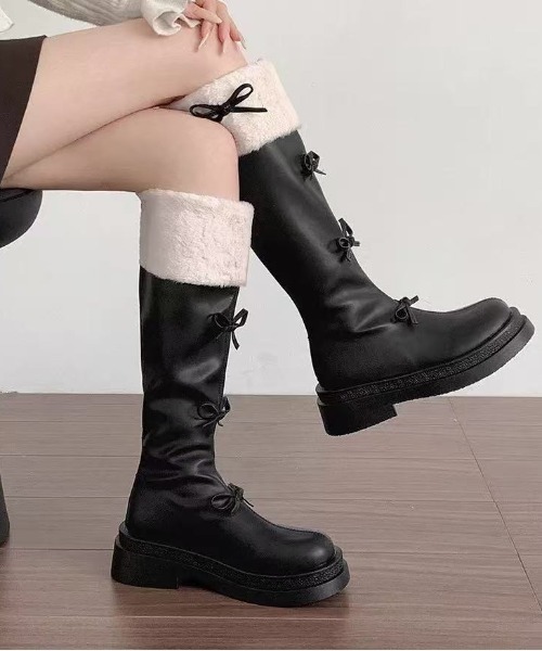 ViViDAY ブーツ 「裏起毛」リボン付きもこもこブーツ レディース