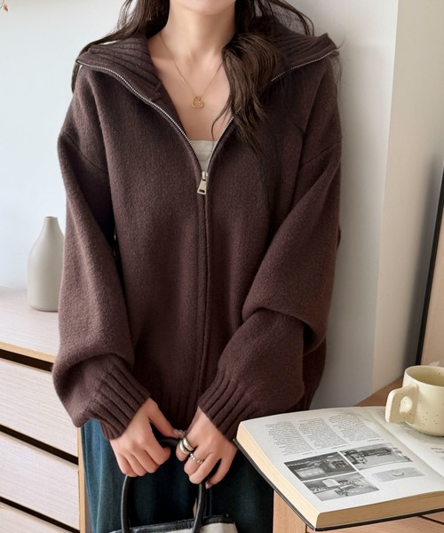 アリシアスタン 25AW ジップアップニットカーディガン F ブラウン /DO ALEXIA STAM（アリシアスタン） ニット セーター Zip Up Knit Cardigan