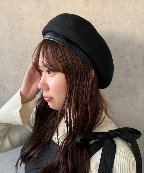 pyornim（ピョルニム） 帽子 ベレー帽 フェイクレザーパイピング