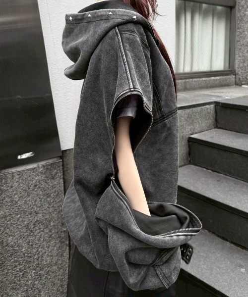 パーカー 「Never mind the XU」studs washing zip up hoodie