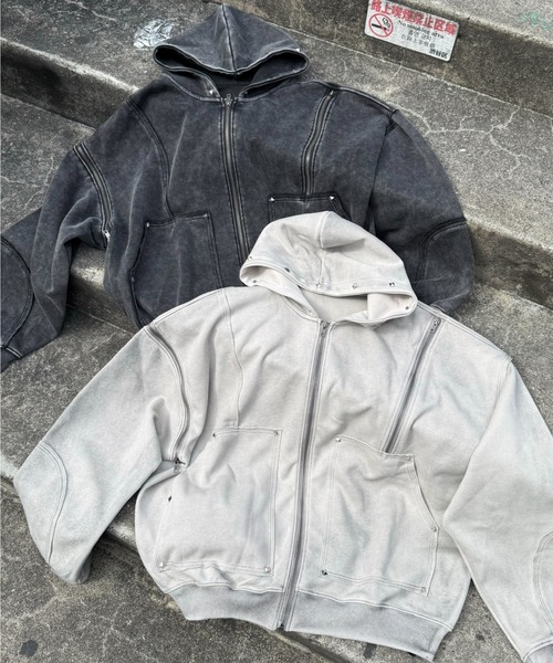 パーカー 「Never mind the XU」studs washing zip up hoodie