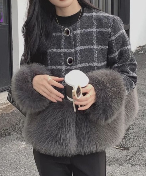 MERCURYDUO ファー襟 取り外し可 ツイードコート F青系 チェック柄 MERCURYDUO ファー襟 取り外し可 ツイードコート F青系 チェック柄