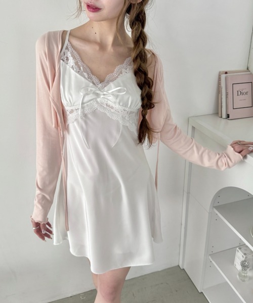 Loueme ワンピース サイドレースサテンスリップミニワンピース