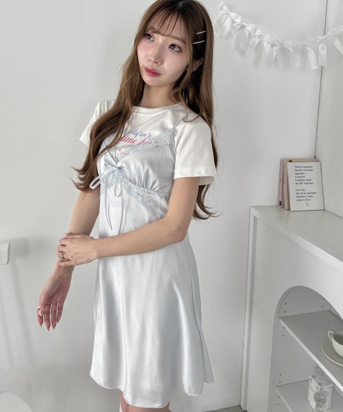 Loueme ワンピース サイドレースサテンスリップミニワンピース