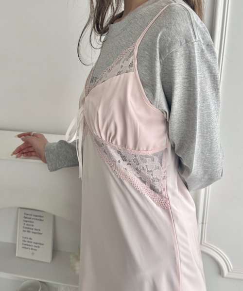 Loueme ワンピース サイドレースサテンスリップミニワンピース