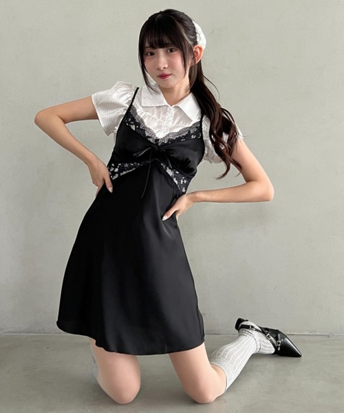 Loueme ワンピース サイドレースサテンスリップミニワンピース