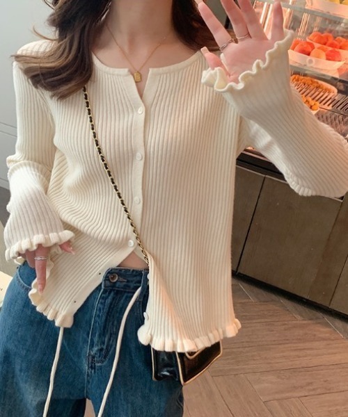 DIESEL フリル付きボタンカーディガン 長袖【新品、未使用】 deux amour カーディガン フリル使いテレコクルーネックカーデ