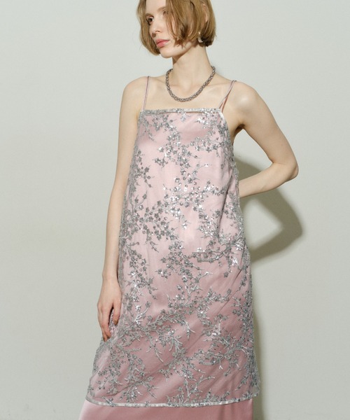 スパンコールキャミソールドレスパーティー ワンピース Flower spangle camisole dress/フラワー