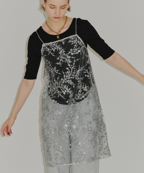 PolyDupionStrapFrilledDressフラワースパンコールドレス ワンピース Flower spangle camisole dress/フラワー