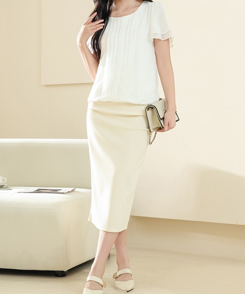 【美品】コーデ売り♡2way 半袖 シアーブラウス＆プリーツスカート Lace Ladies ブラウス シャツ センター プリーツ ラウンドネック