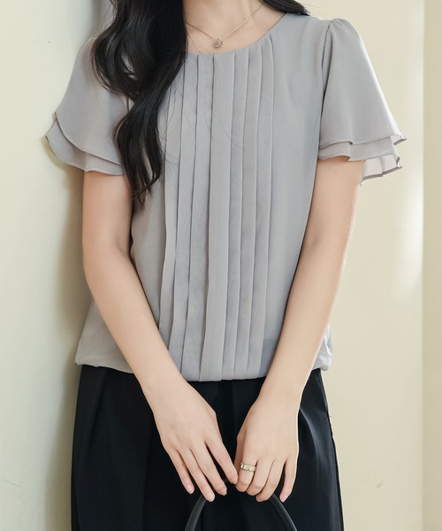 Lace Ladies ブラウス シャツ センター プリーツ ラウンドネック