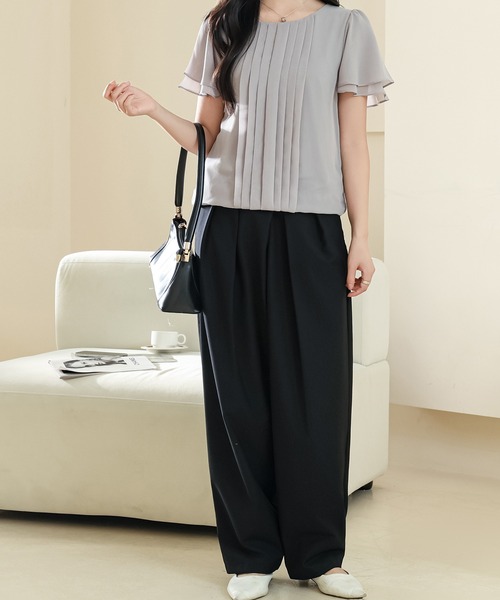 Lace Ladies ブラウス シャツ センター プリーツ ラウンドネック