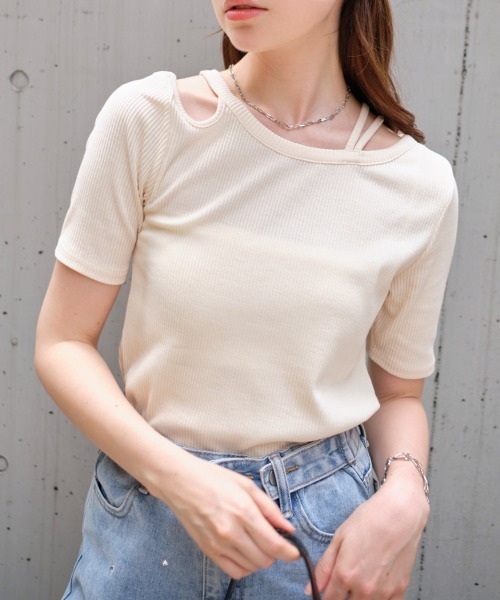 tシャツ Switching cut tops　スイッチングカットトップス レディース SLY | 2WAY HOLE CUT トップス (Tシャツ・カットソー(半袖