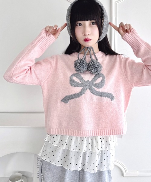 Loueme ニット セーター リボンジャガードニットトップス レディース Loueme ニット セーター リボンジャガードニットトップス レディース