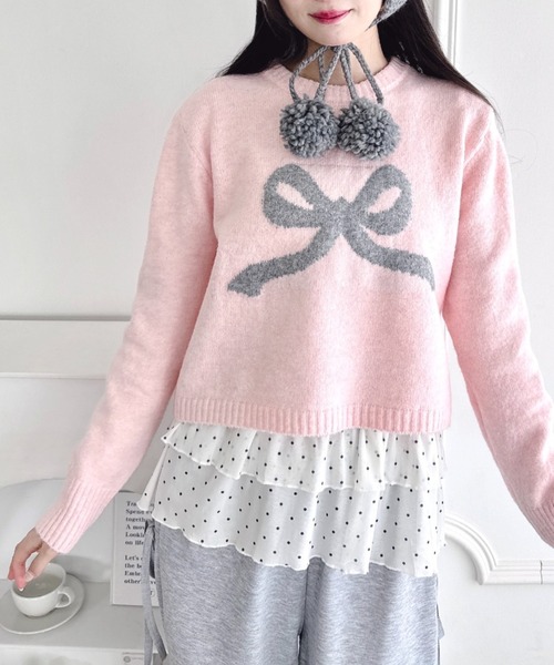 Loueme ニット セーター リボンジャガードニットトップス レディース