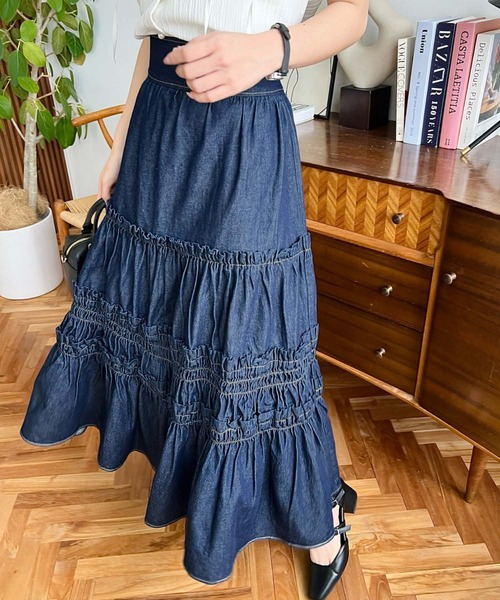 moment+ デニムスカート ライトオンスデニムフリルティアード