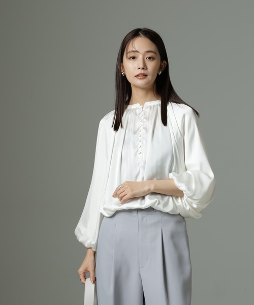 【袖コンシャス/洗える】ボリュームスリーブブラウス　ネイビー SALE／E‐QUALITY／セットアップ可／洗える】袖