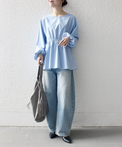 SHIPS any ペプラム ギャザー パフシャツ ブラウス ストライプ SHIPS