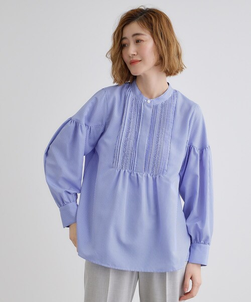 極美品　ebure ピンタックボリュームスリーブシャツ　ブルー　36 綿 grove（グローブ） ブラウス シャツ ピンタックボリュームスリーブ