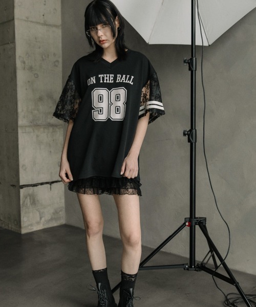 tシャツ レースボウタイTシャツ レディース Seoup】ボウタイ付レーストップス（Tシャツ/カットソー）｜nemne