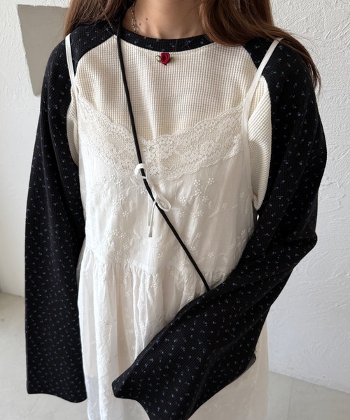 kutir tシャツ 小花柄ラグランワッフルロンT/サーマルロンT