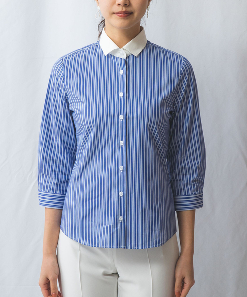 ナラカミーチェ（NARACAMICIE）/【NARACAMICIE】ストライプクレリック七分袖シャツ NARACAMICIE（ナラカミーチェ） ブラウス シャツ 「NARACAMICIE