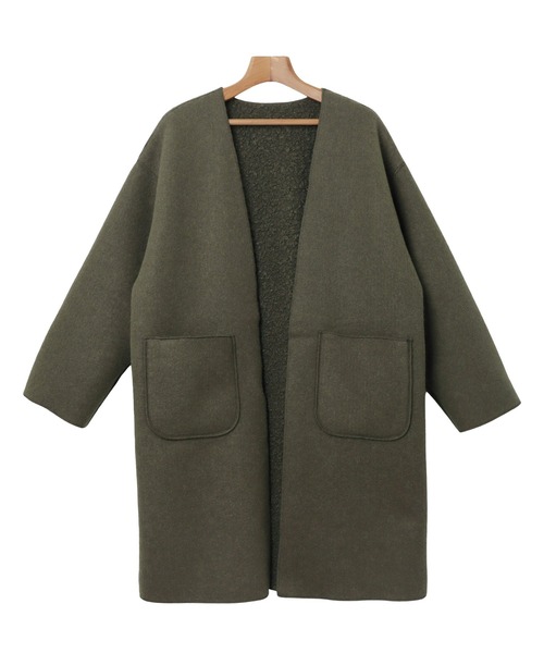 「andme」 ノーカラーコート M カーキ レディース_画像5