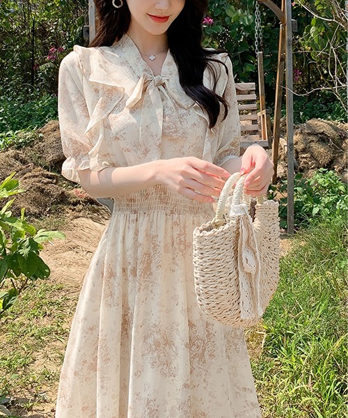 【SATIN】プリント ポイント シフォン ワンピース FRAY I D サテンパイピングプリントシフォンワンピース｜Yahoo