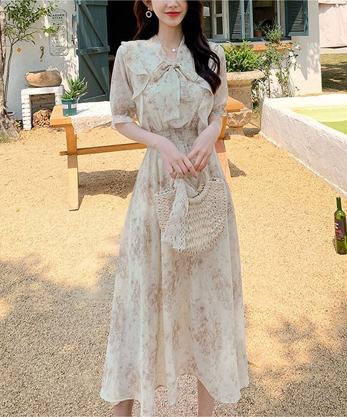 正規品♡ 【SPRING】フリルワンピース♡オフホワイト 花柄フリルシャーリングワンピース[js12] | レディース